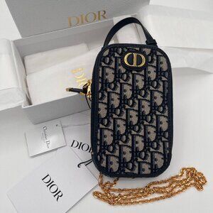 Dior Montaigne Phone Holder with Chain Strap - Blue Oblique Jacquard